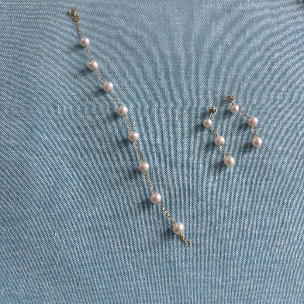 Effy 14k solid yellow gold and freshwater pearl drop earring and bracelet set